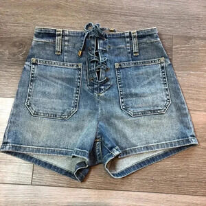 Nili Lotan Romance Lace Up Denim Jean Shorts Faded Wash Size 25
